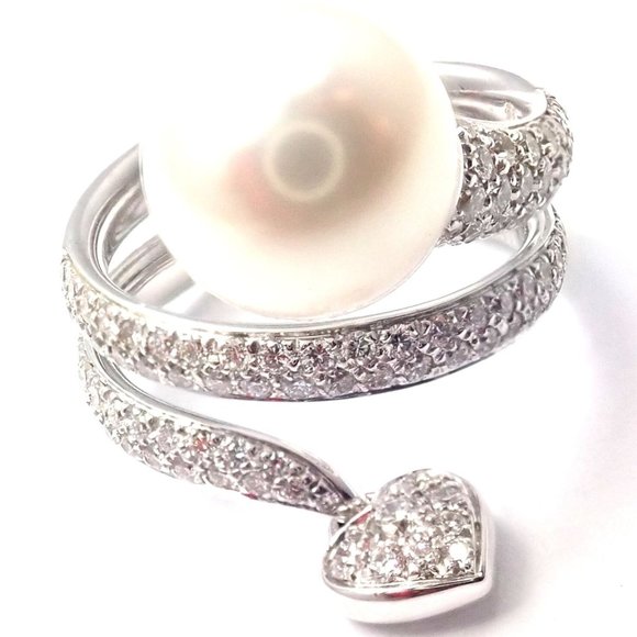 Mikimoto 18k White Gold Diamond South Sea Pearl Heart Ring Cert - Picture 1 of 9